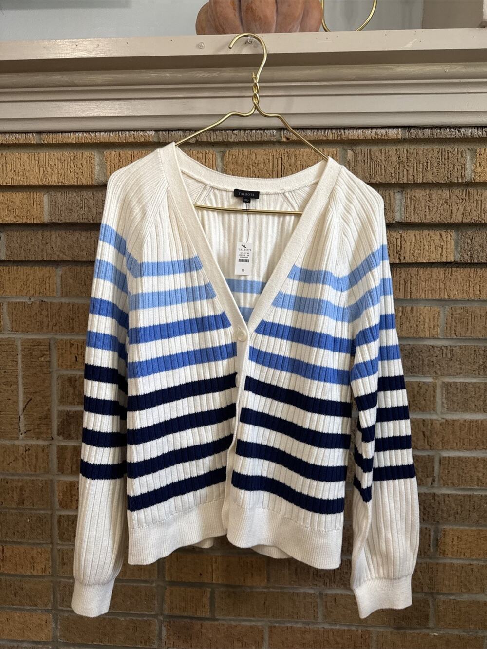 Talbots Tipped Texture V-Neck Cardigan Sweater Women’s Size M Preppy Coastal